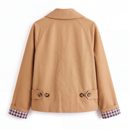 Cropped Trench Coat with Plaid Lining, Camel, back view