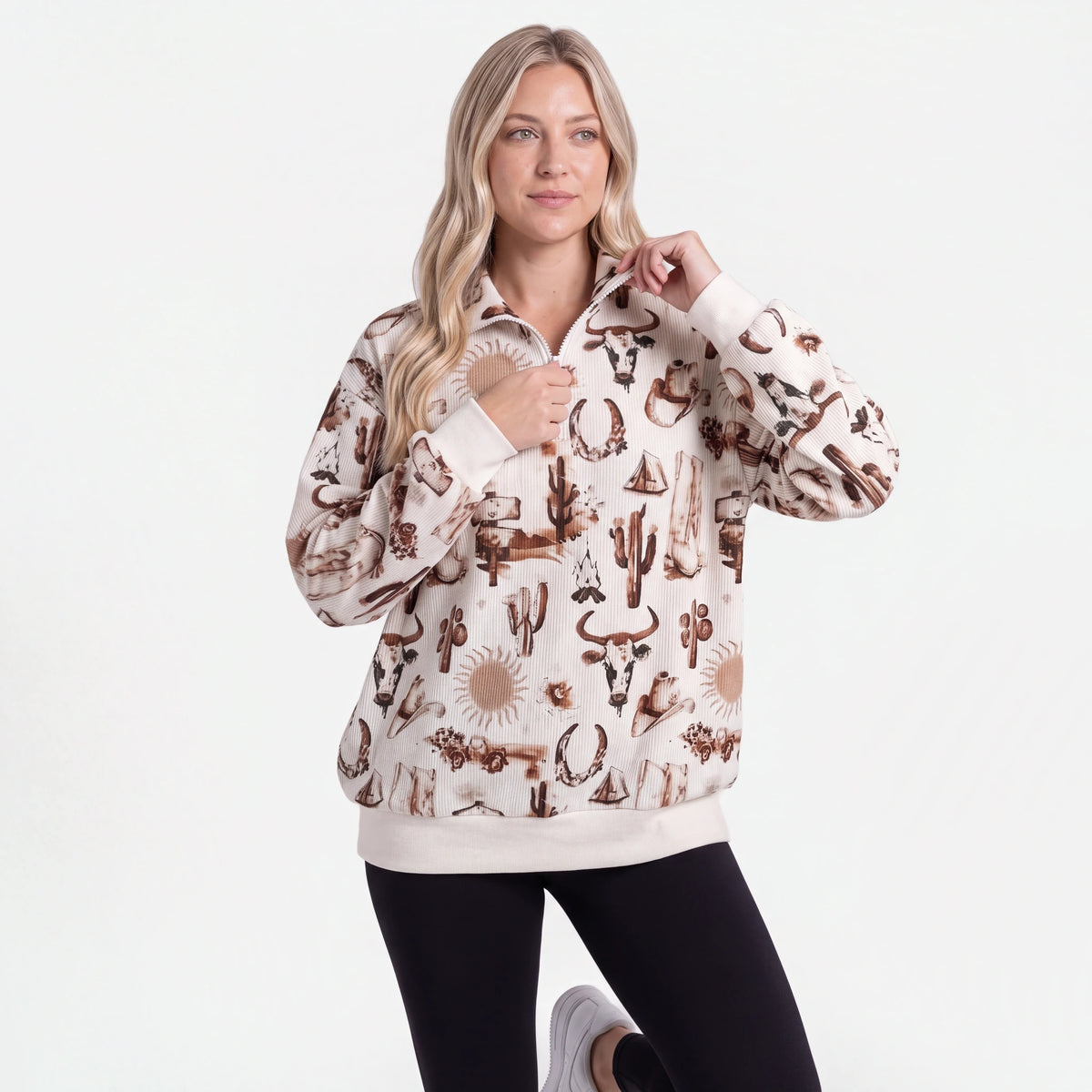 Woman wearing the Cream Western quarter zip