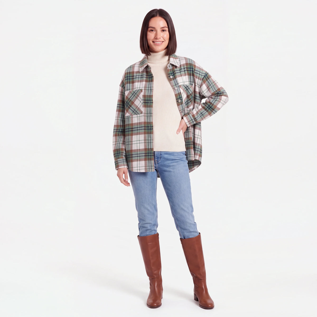 Woman wearing the Green Plaid flannel shacket