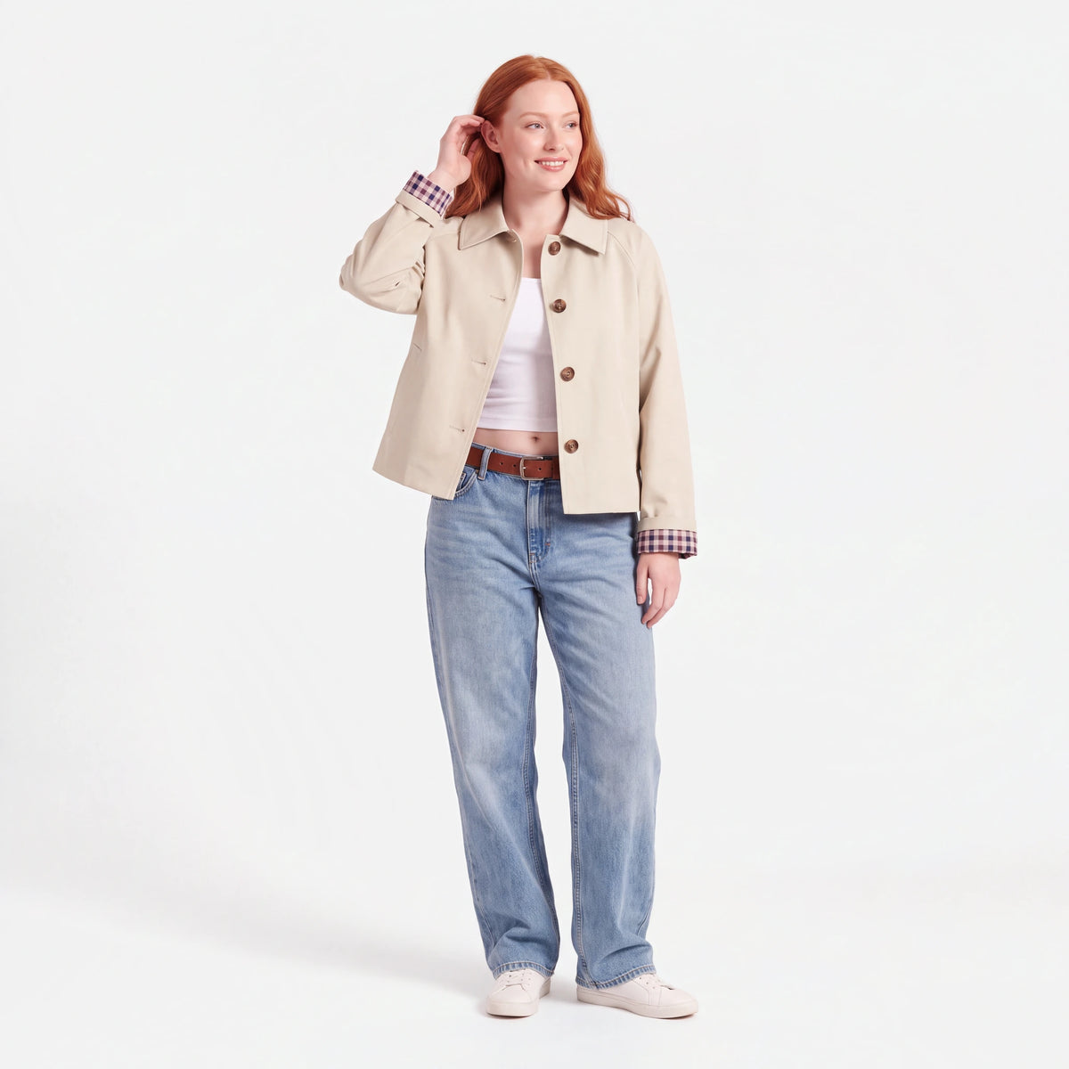 Cropped Trench Coat with Plaid Lining, Apricot, worn