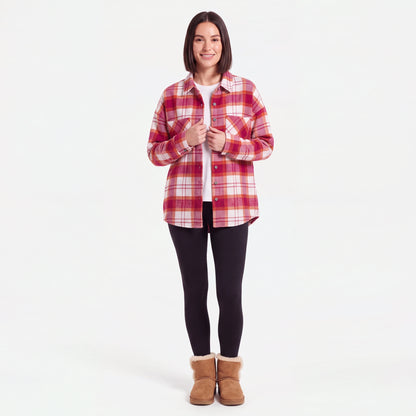 Woman wearing the Pink Plaid flannel shacket with leggings
