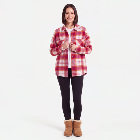 Woman wearing the Pink Plaid flannel shacket with leggings
