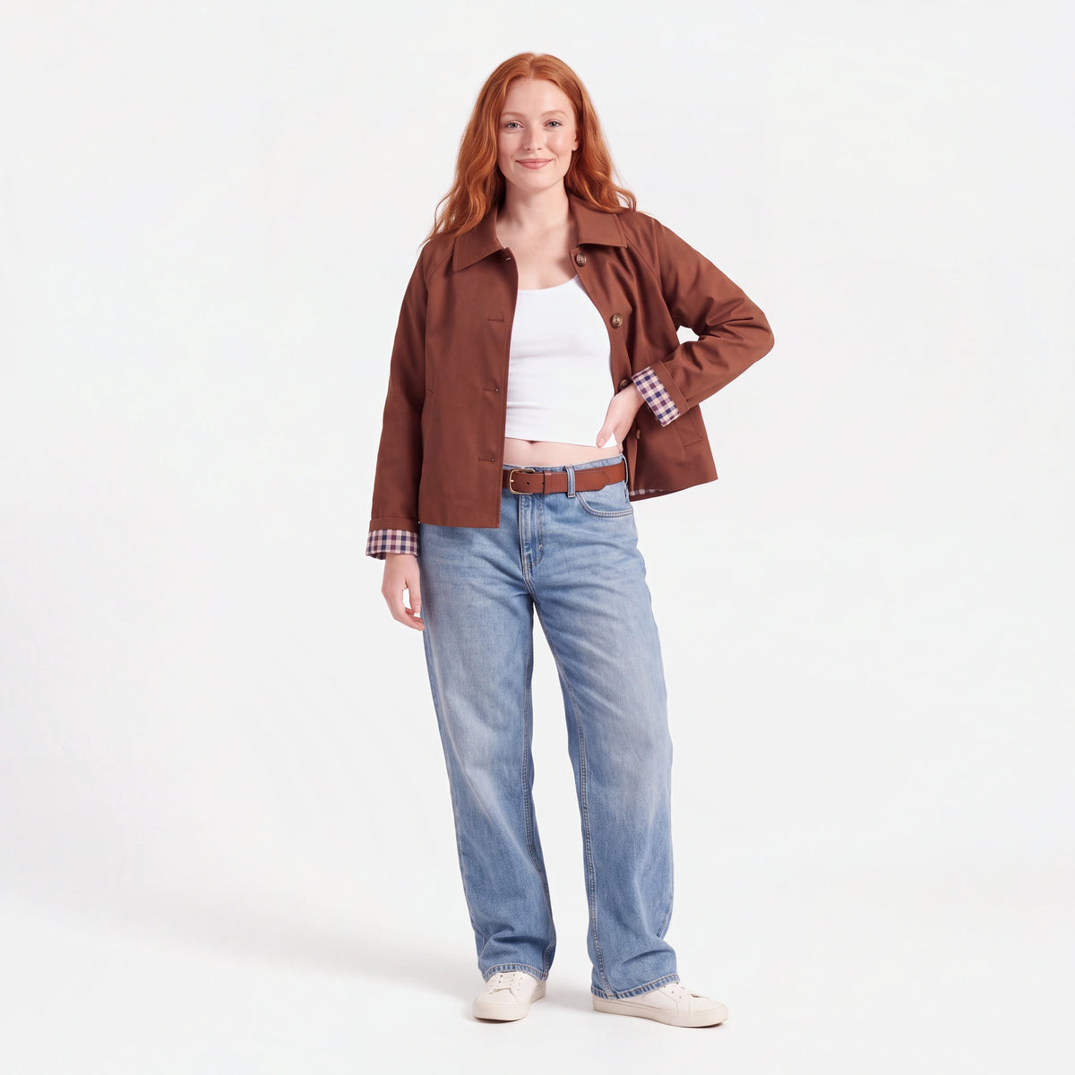 Cropped Trench Coat with Plaid Lining, Brown, worn
