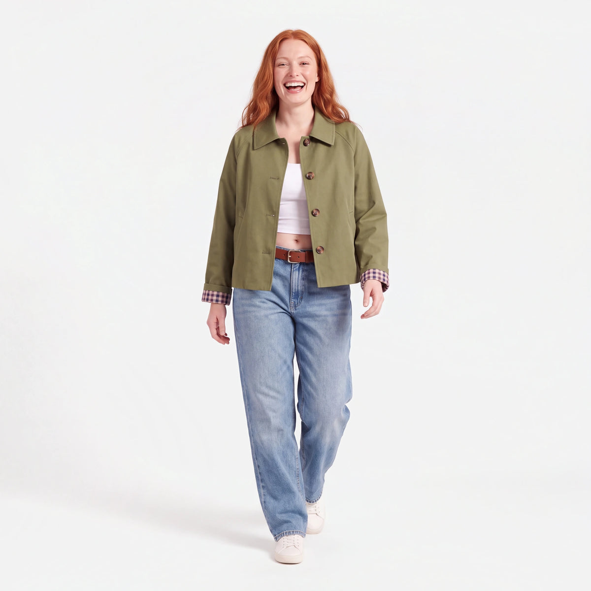 Cropped Trench Coat with Plaid Lining, Green, worn