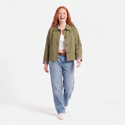 Cropped Trench Coat with Plaid Lining, Green, worn