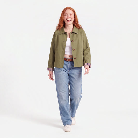 Cropped Trench Coat with Plaid Lining, Green, worn