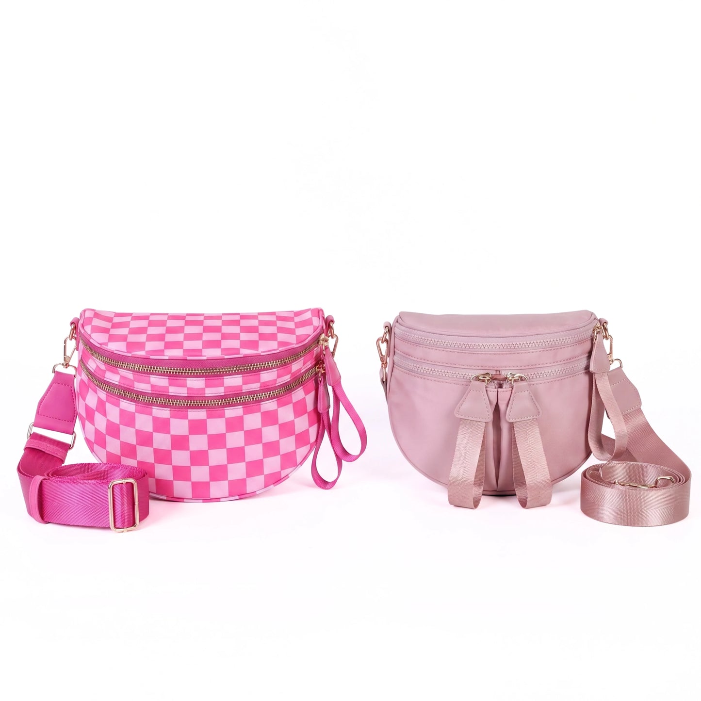 The Twin Sling Duo — GoFree Checkered Hot Pink + Mini GoFree Solid Soft Pink