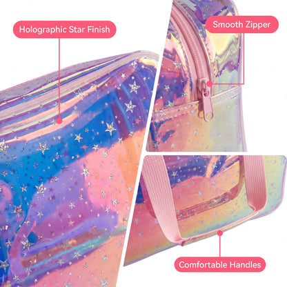 Starry – The Holographic Toiletry Bag, holographic star finish, smooth zipper and comfortable handles