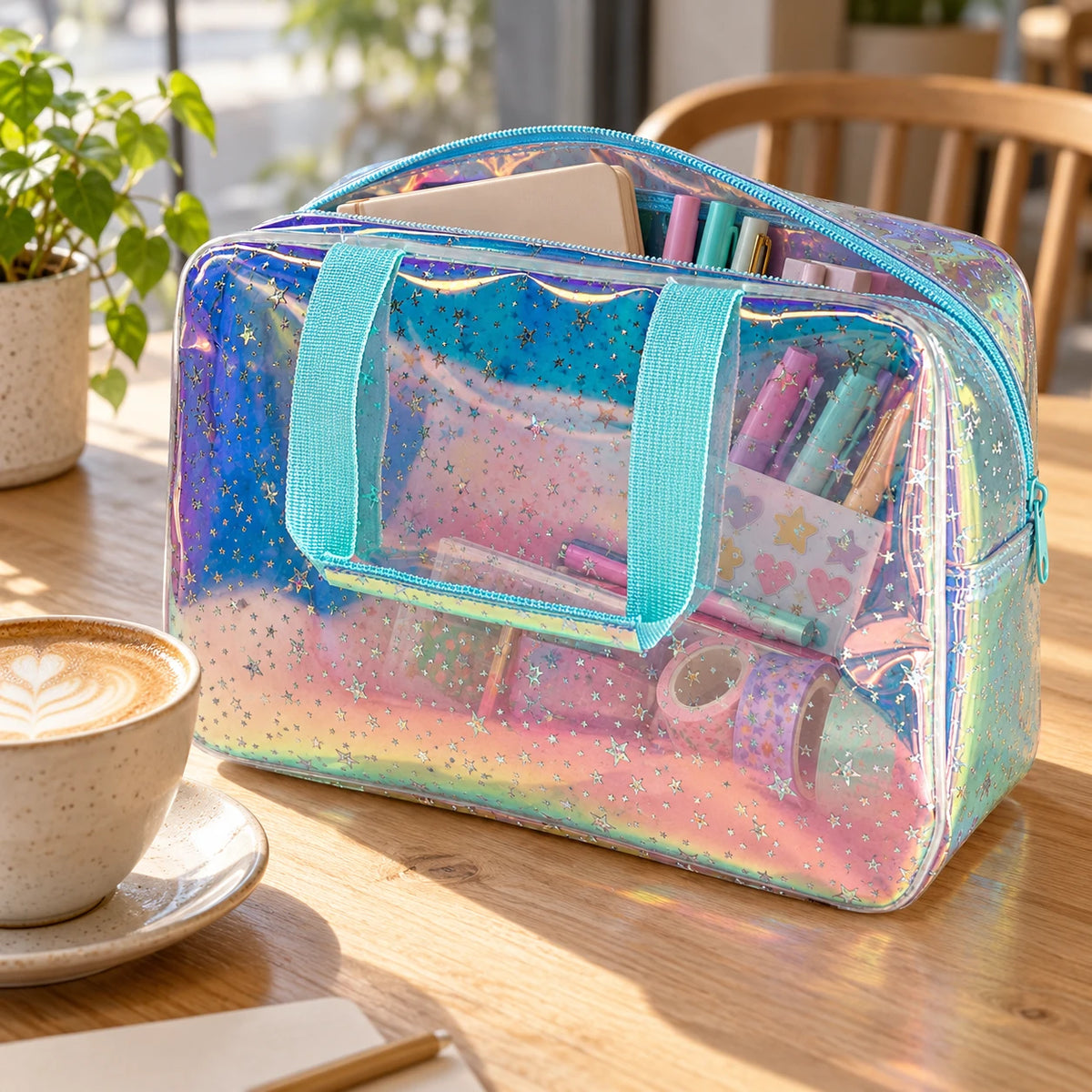 Holographic Star toiletry bag holding a notebook, markers and stickers on a cafe table