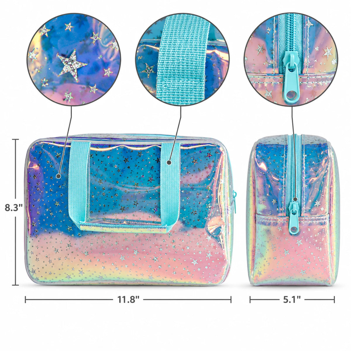 Holographic Star toiletry bag dimensions 11.8 x 8.3 x 5.1 in with close-ups