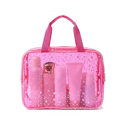 Starry – The Holographic Toiletry Bag, hot pink with toiletries inside