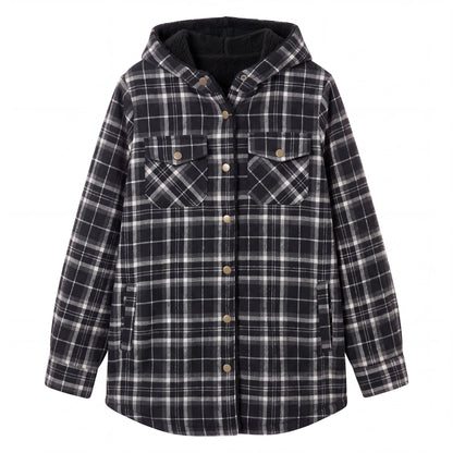 Hooded Plaid Shacket, Black Plaid, front