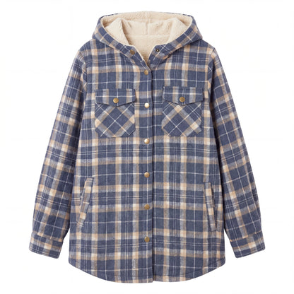 Hooded Plaid Shacket, Blue Plaid, front