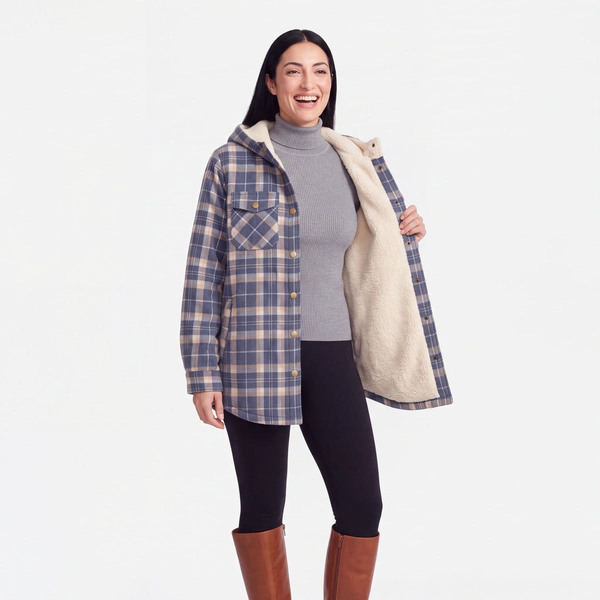 Hooded Plaid Shacket, Blue Plaid, showing the sherpa lining