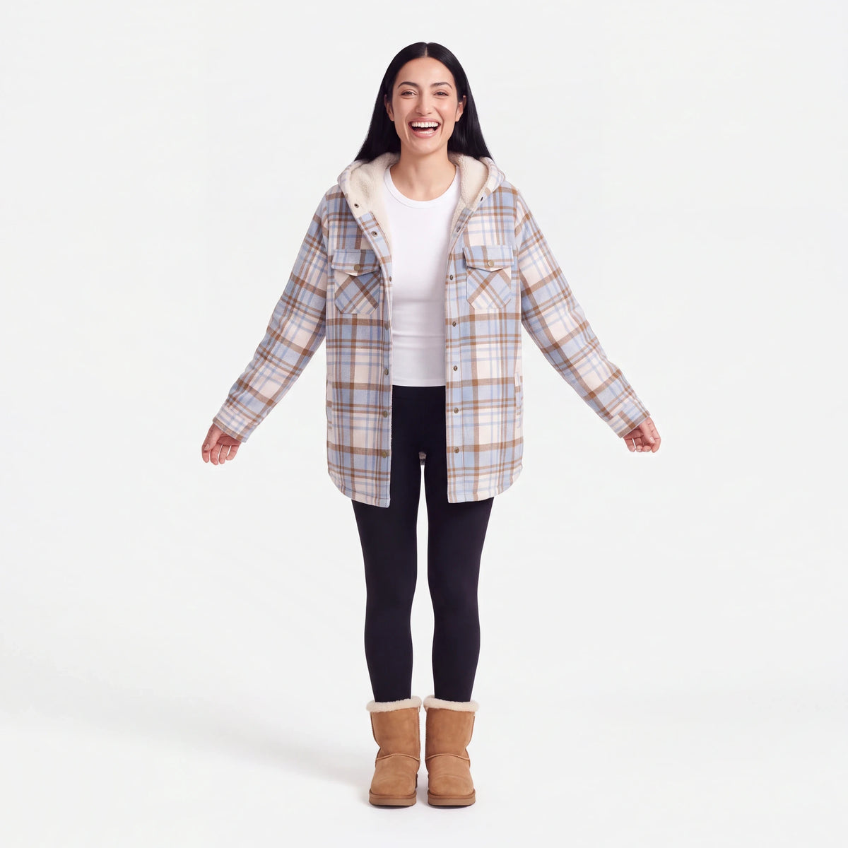 Hooded Plaid Shacket, Light Blue Plaid, laughing