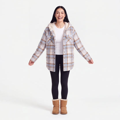 Hooded Plaid Shacket, Light Blue Plaid, laughing