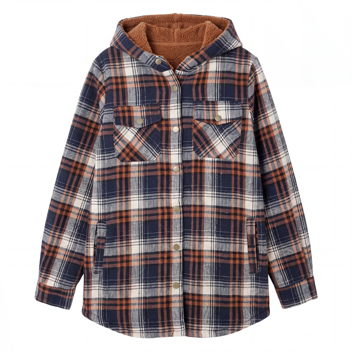 Hooded Plaid Shacket, Navy Plaid, front