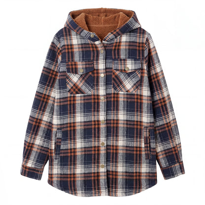 Hooded Plaid Shacket, Navy Plaid, front