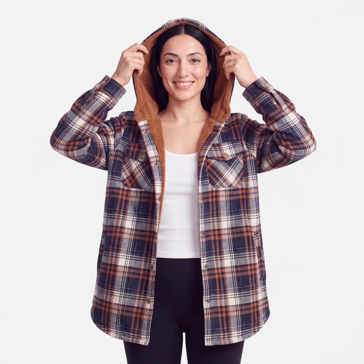 Hooded Plaid Shacket, Navy Plaid, hood up