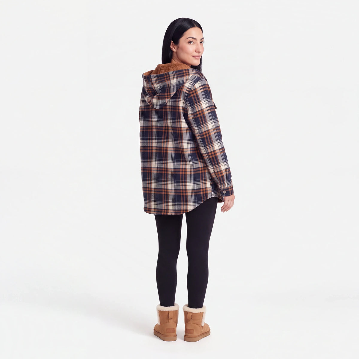 Hooded Plaid Shacket, Navy Plaid, back view