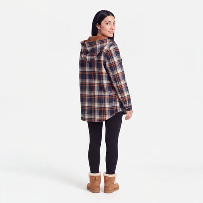 Hooded Plaid Shacket, Navy Plaid, back view