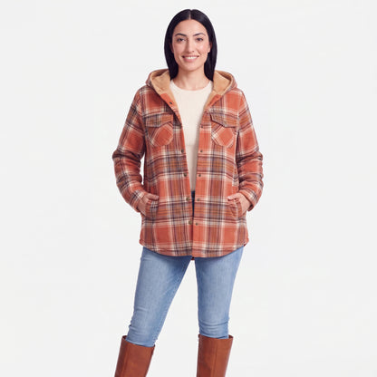 Hooded Plaid Shacket, Orange Plaid, hands in pockets