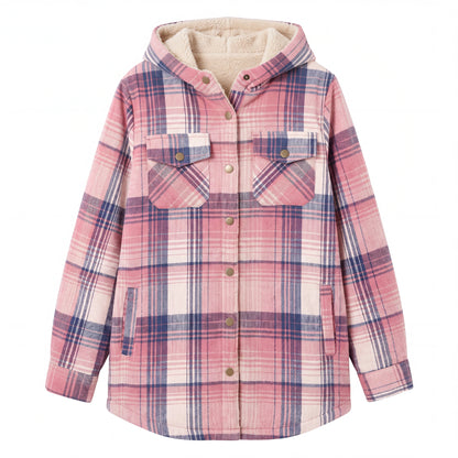 Hooded Plaid Shacket, Pink Plaid, front