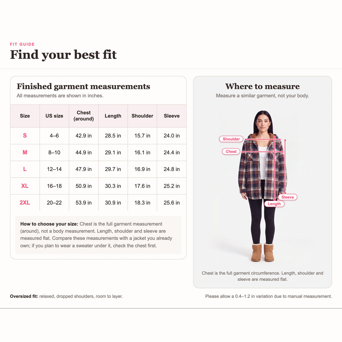Hooded Plaid Shacket, size chart
