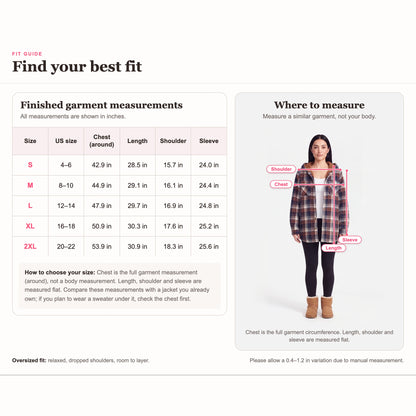 Hooded Plaid Shacket, size chart