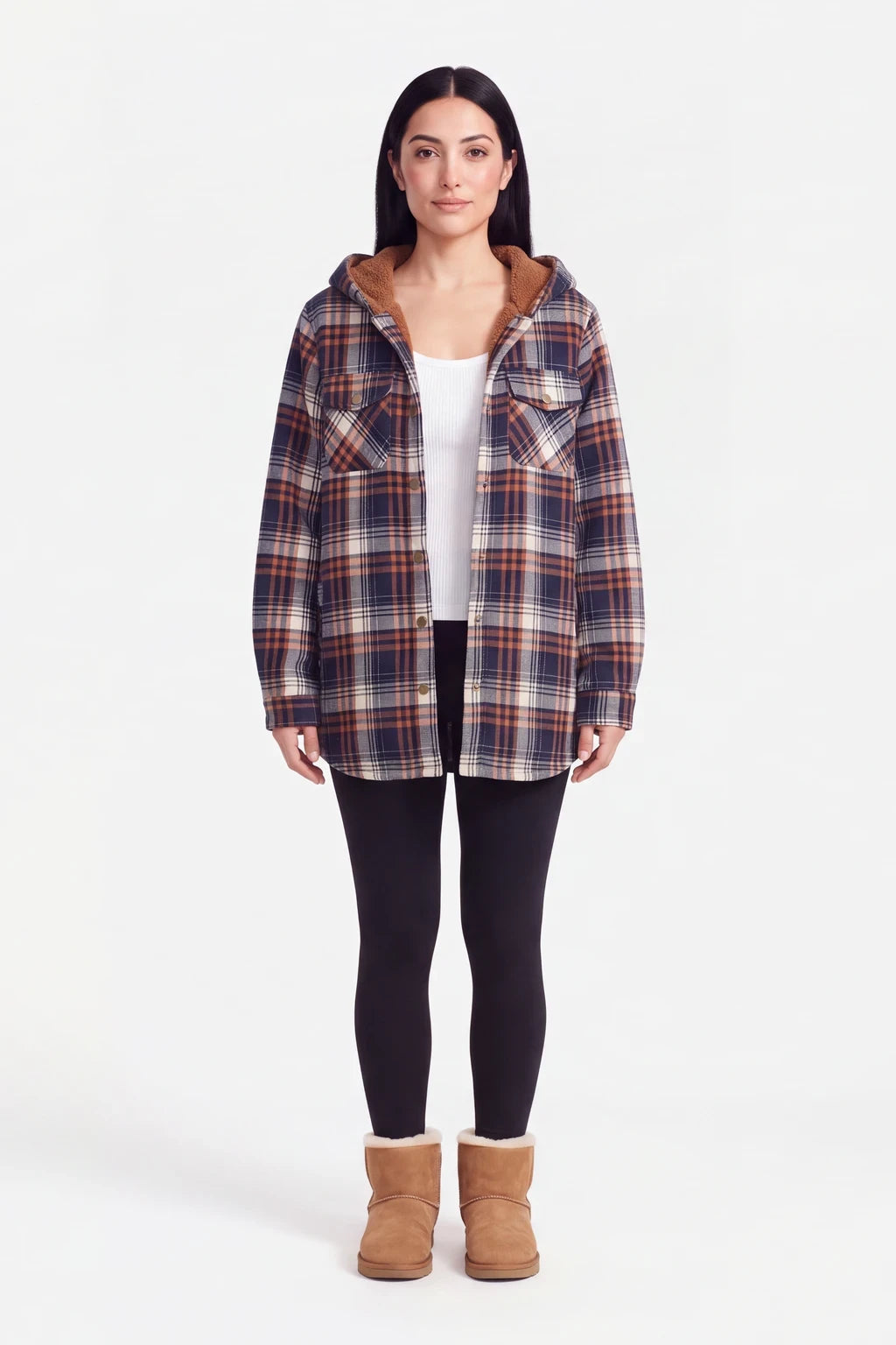 Woman wearing the hooded plaid shacket