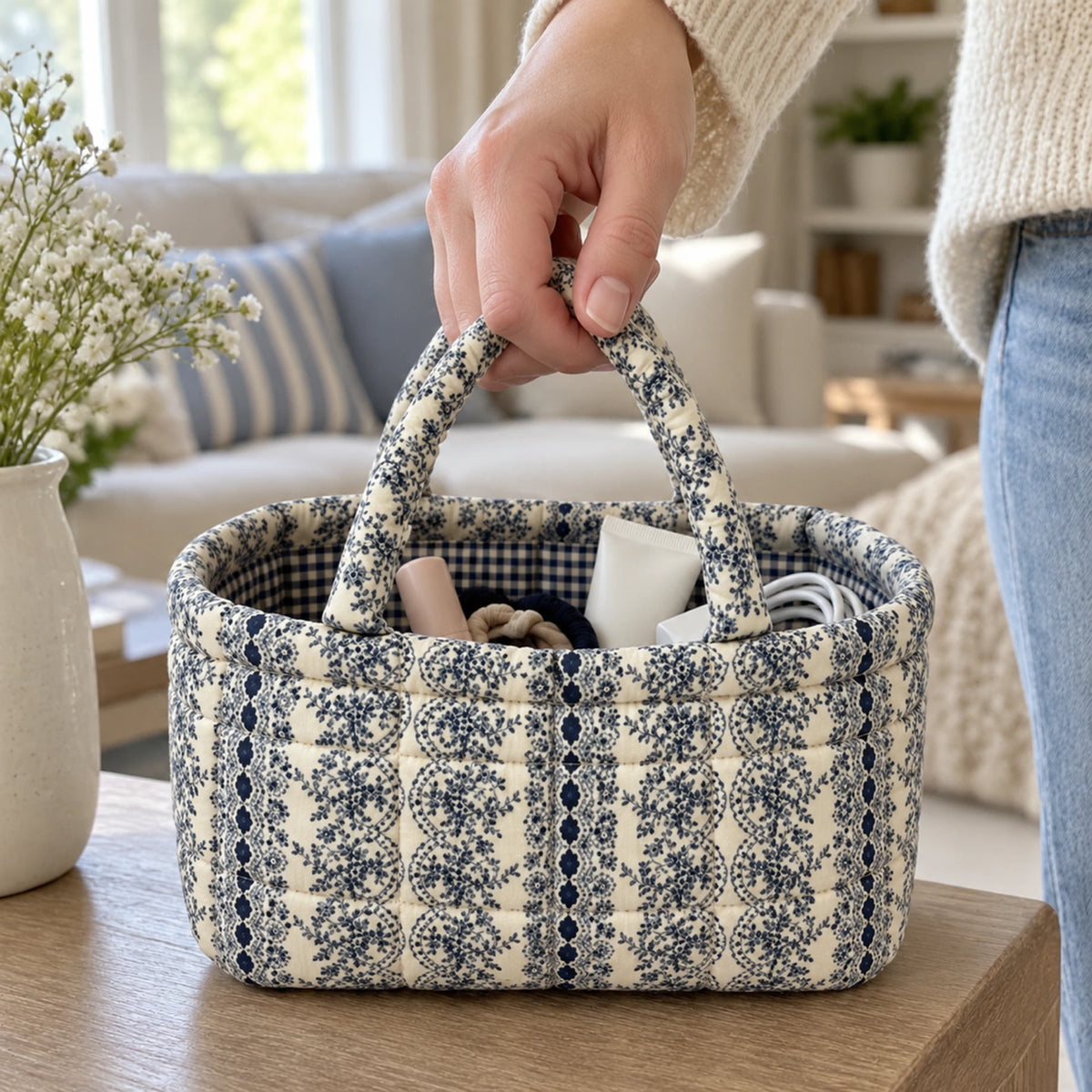 Mini Quilty Navy Lace held by its handle