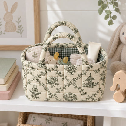 Mini Quilty Sage Toile on a nursery shelf
