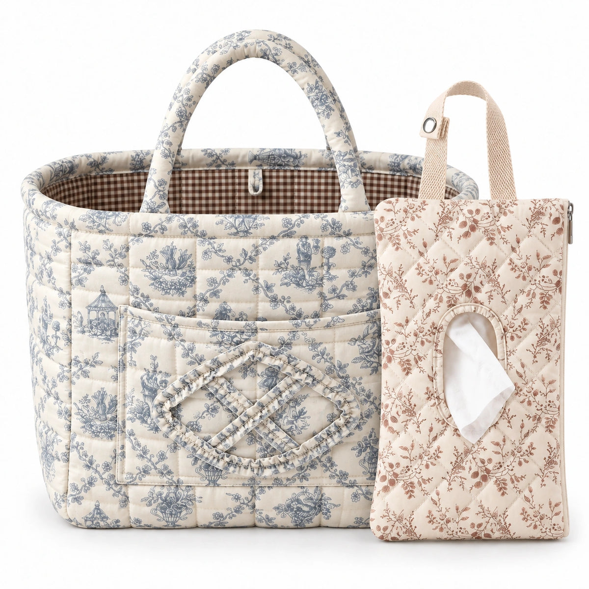 Quilty + Wipey — Blue Toile + Mocha Ditsy