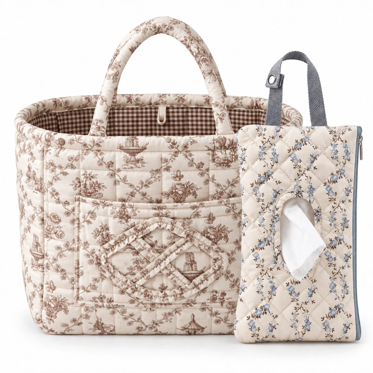Quilty + Wipey — Mocha Toile + Blue Ditsy