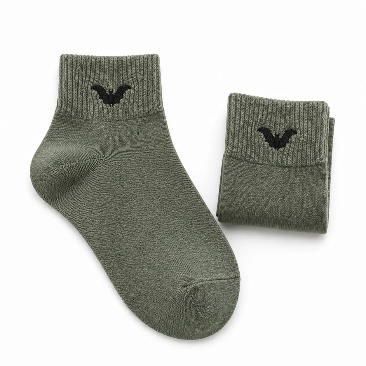 Spooky Halloween ankle socks, army green with black bat