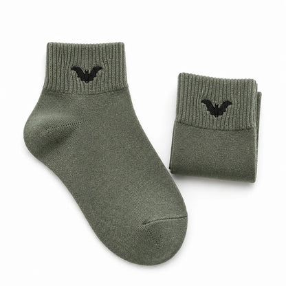 Spooky Halloween ankle socks, army green with black bat