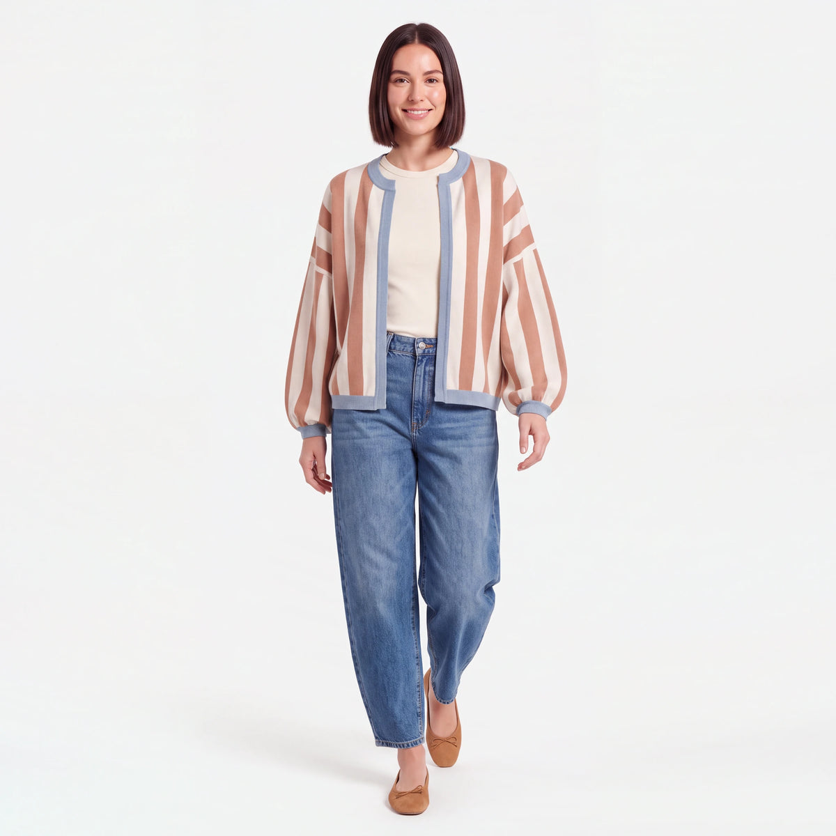 Striped Balloon Sleeve Cardigan