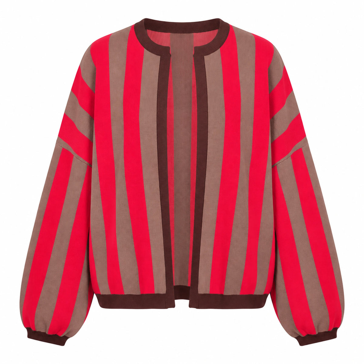 Striped Balloon Sleeve Cardigan, Red, front view