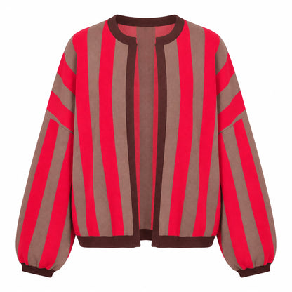 Striped Balloon Sleeve Cardigan, Red, front view