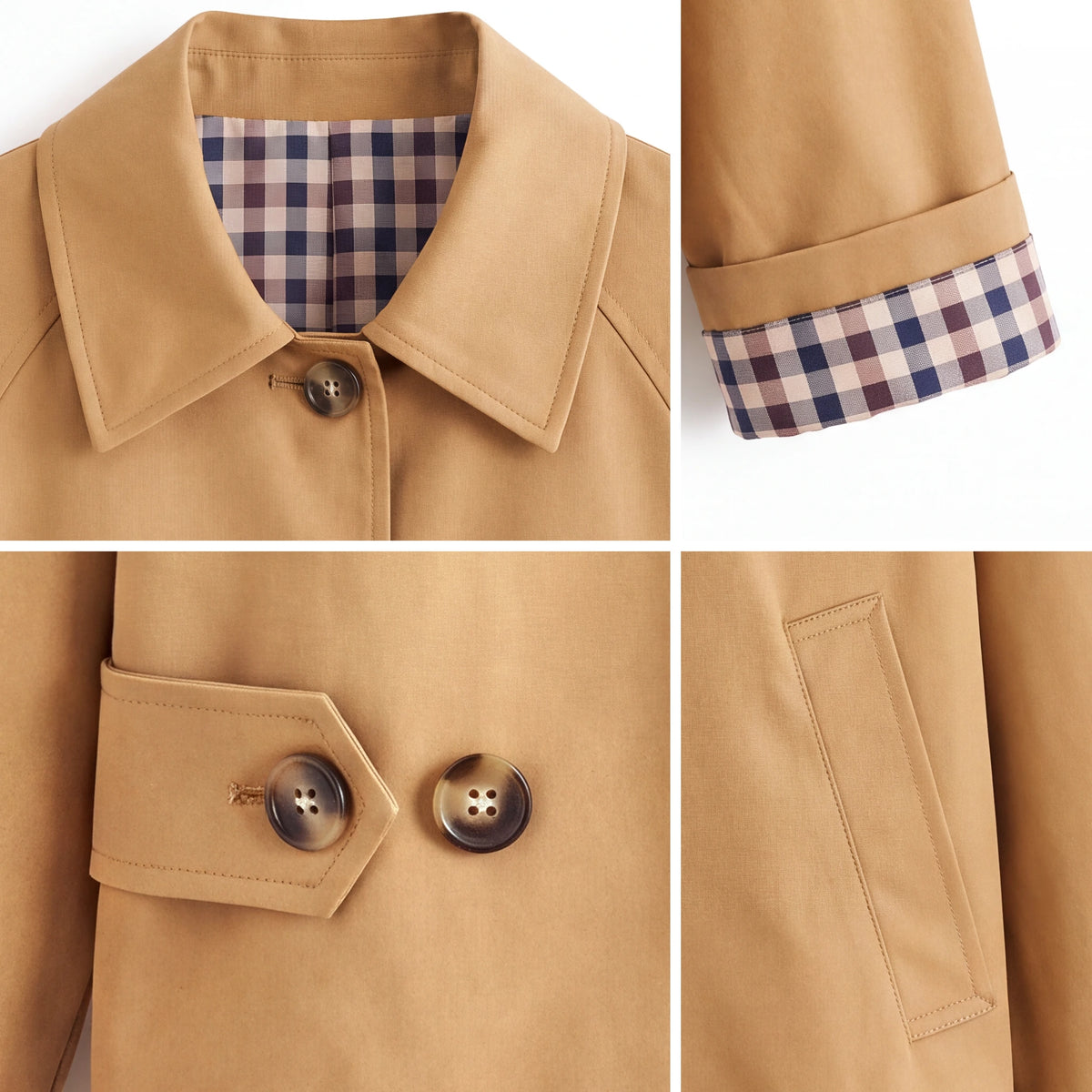 Cropped Trench Coat with Plaid Lining, Camel, details: collar, plaid lining, sleeve cuff, two-button back tab, pocket