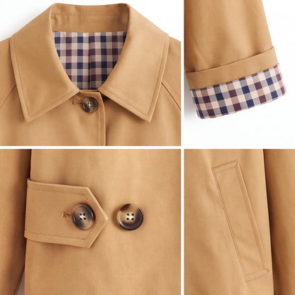Cropped Trench Coat with Plaid Lining, Camel, details: collar, plaid lining, sleeve cuff, two-button back tab, pocket