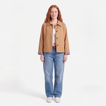Cropped Trench Coat with Plaid Lining, Camel, worn, standing front view