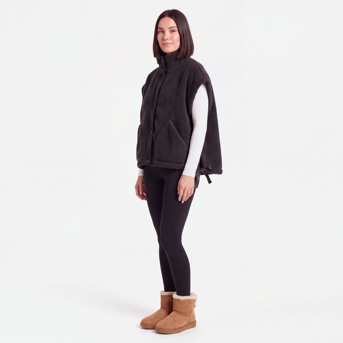 Oversized Sherpa Vest, Black, three-quarter view