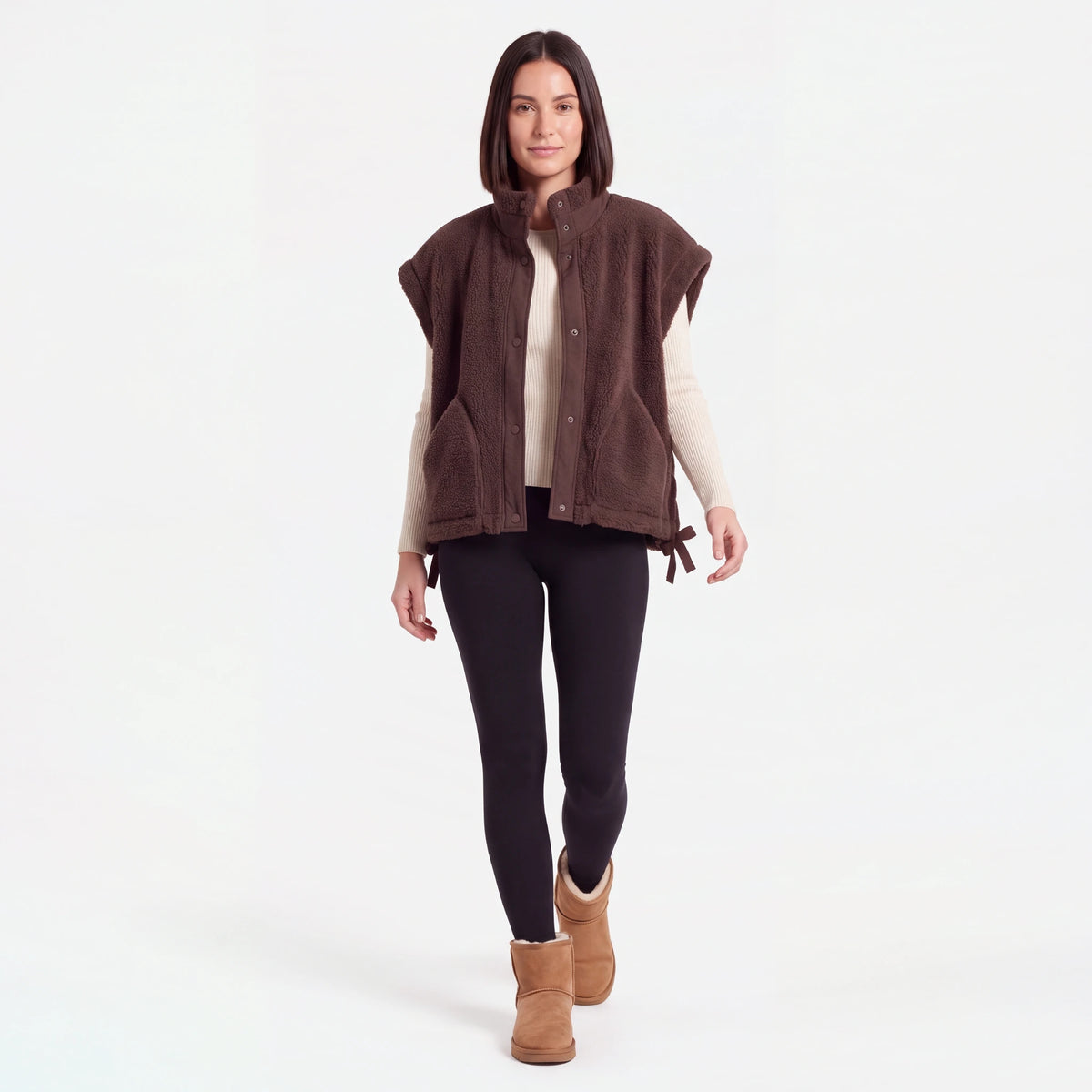 Oversized Sherpa Vest, Coffee Brown, walking